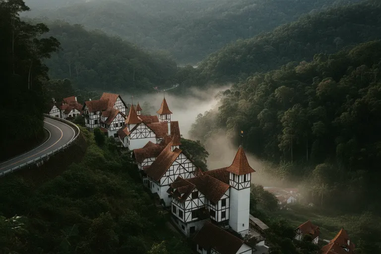 Half-timbered Alsatian towers and terracotta roofs rising out of Malaysian rainforest, hill mist drifting through the valley below.