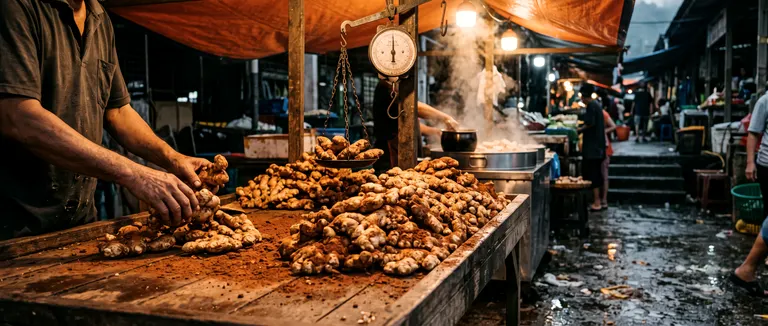 Heaped old ginger rhizomes on a market table under tarpaulin light, a spring scale hanging above.
