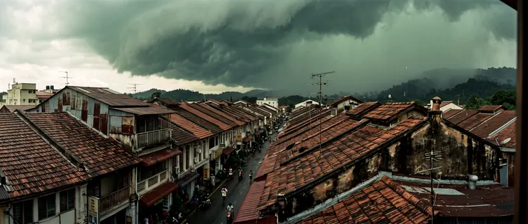 A slate-green storm swallowing the light over old clay-tiled shophouse roofs.