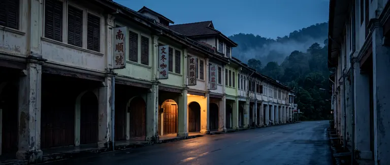 A shophouse street at first light, wet from night rain, lamps still on.